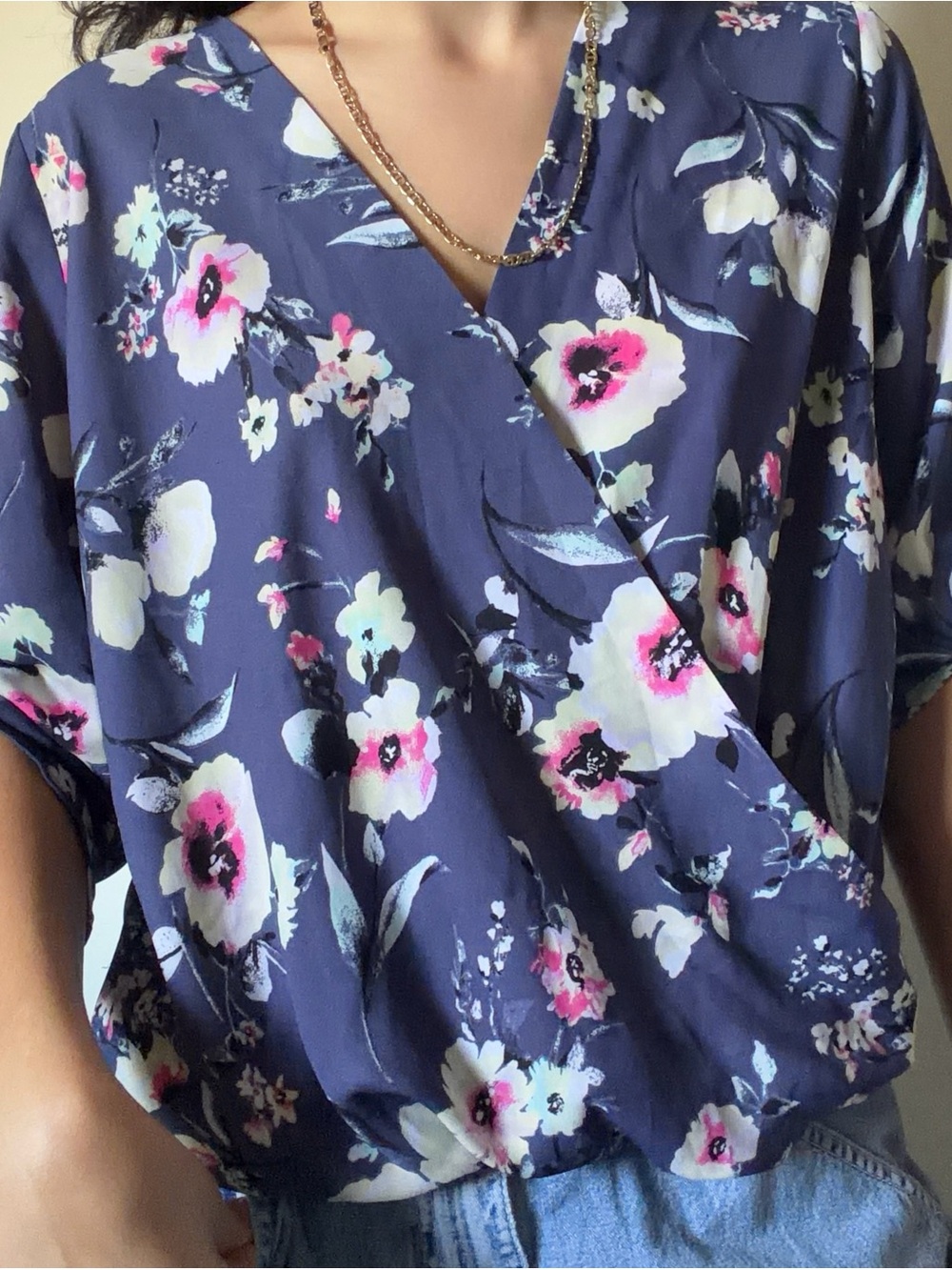 BCX Navy Floral Wrap-Style Women's Blouse